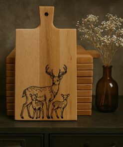 robuuste borrelplank met sierlijk hert met kalfjes op de veluwe door Taste of Wood